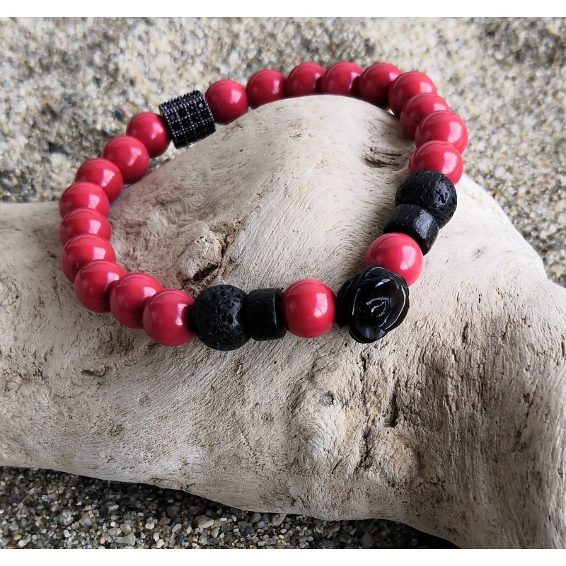 Bracelet / FLEUR AGATE NOIRE / CINABRE ROUGE