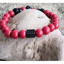 Bracelet / FLEUR AGATE NOIRE / CINABRE ROUGE