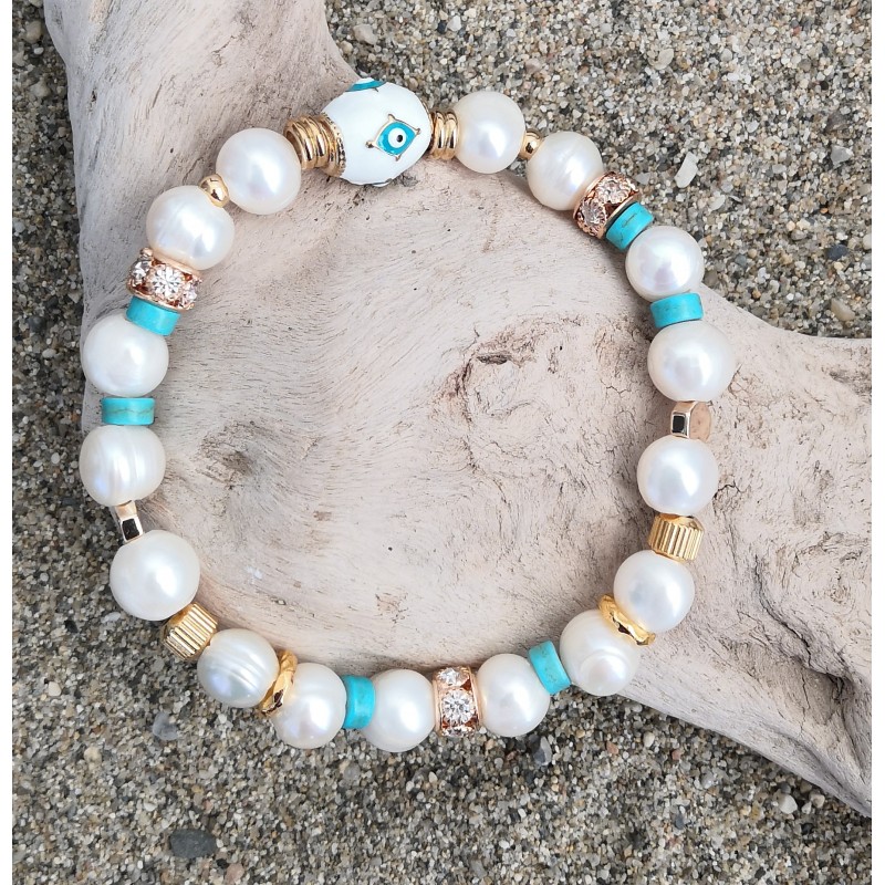 Bracelet / PERLE D'EAU DOUCE / OEIL / BLEU
