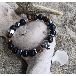 Bracelet HOMME / OEIL DE TIGRE/ OBSIDIENNE / LOUP