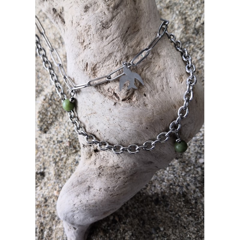 Collier / RAS DE COU / 2 RANGS / PERIDOT / OISEAU