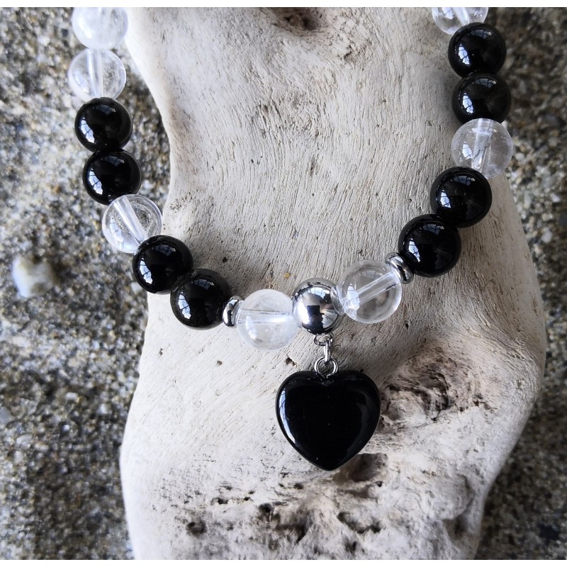 Bracelet / OBSIDIENNE / CRISTAL DE ROCHE / COEUR
