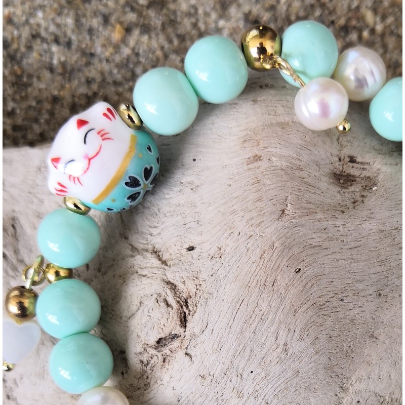 Bracelet / CHAT PORTE BONHEUR / VERT D'EAU