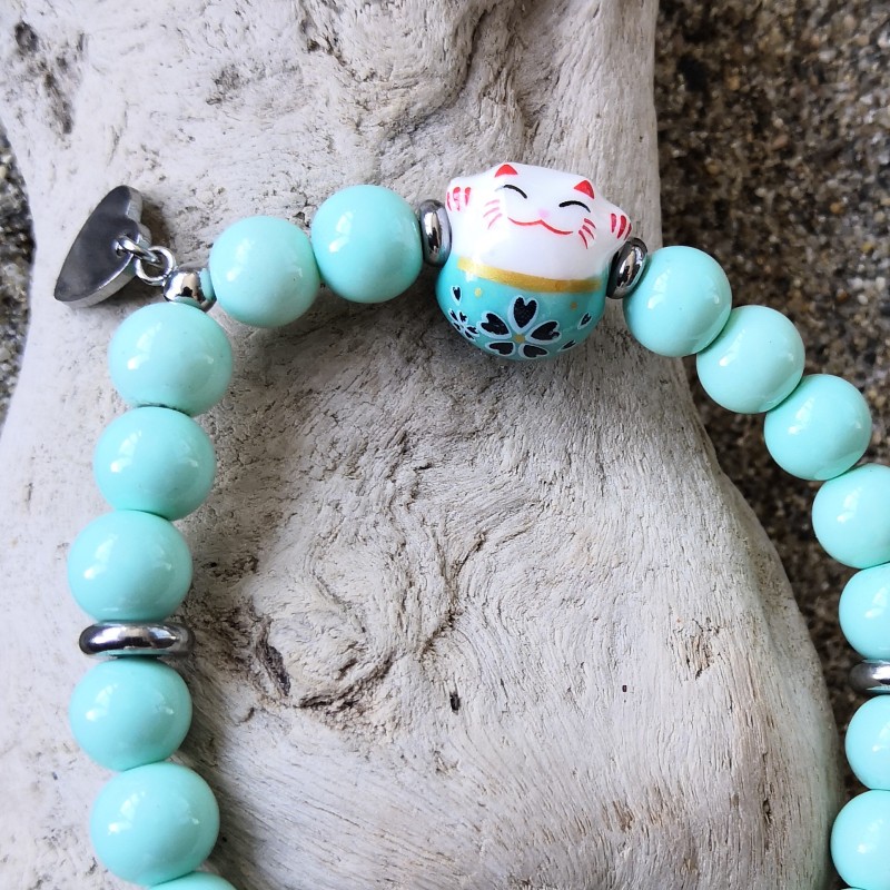 Bracelet / CHAT PORTE BONHEUR / VERT D'EAU