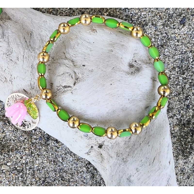Bracelet / PERLES OVALES / VERT / FEE