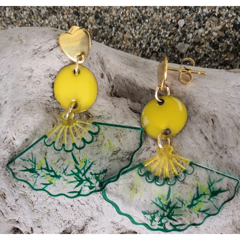 CLOU D'OREILLES / EVENTAIL / JAUNE / VERT