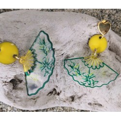 CLOU D'OREILLES / EVENTAIL / JAUNE / VERT
