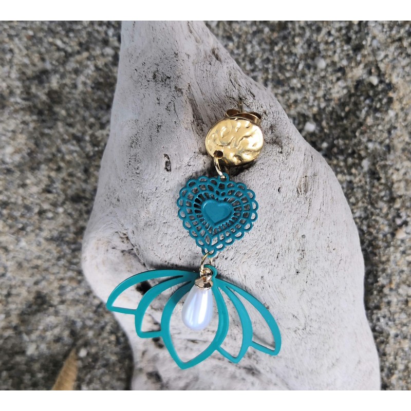 Clou d'oreilles / COEUR / BLEU EMERAUDE