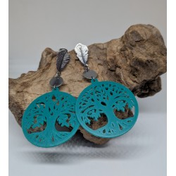 CLOU D'OREILLES / FEUILLE / ARBRE DE VIE / VERT