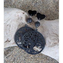 CLOU D'OREILLE COEUR / ARBRE DE VIE /  NOIR
