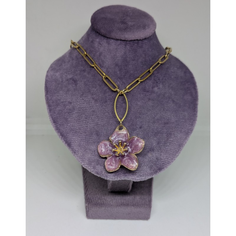 SAUTOIR / ACIER INOXYDABLE / FLEUR / MAUVE