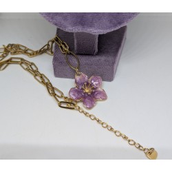 SAUTOIR / ACIER INOXYDABLE / FLEUR / MAUVE