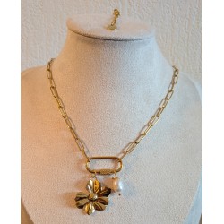 SAUTOIR / FLEUR / ACIER INOXYDABLE DORE